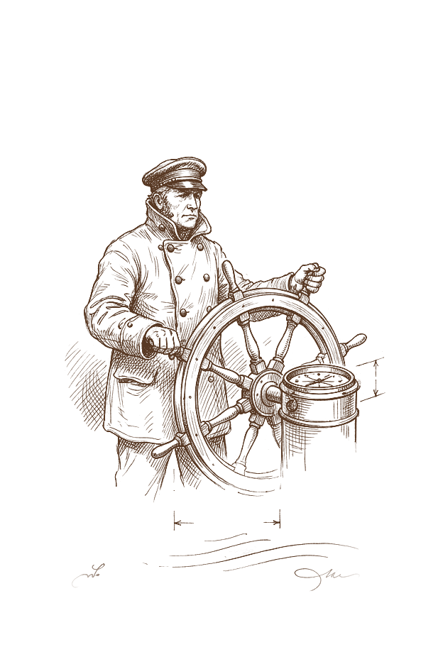 A notebook study of a ship captain calmly holding the wheel, a compass beside him.