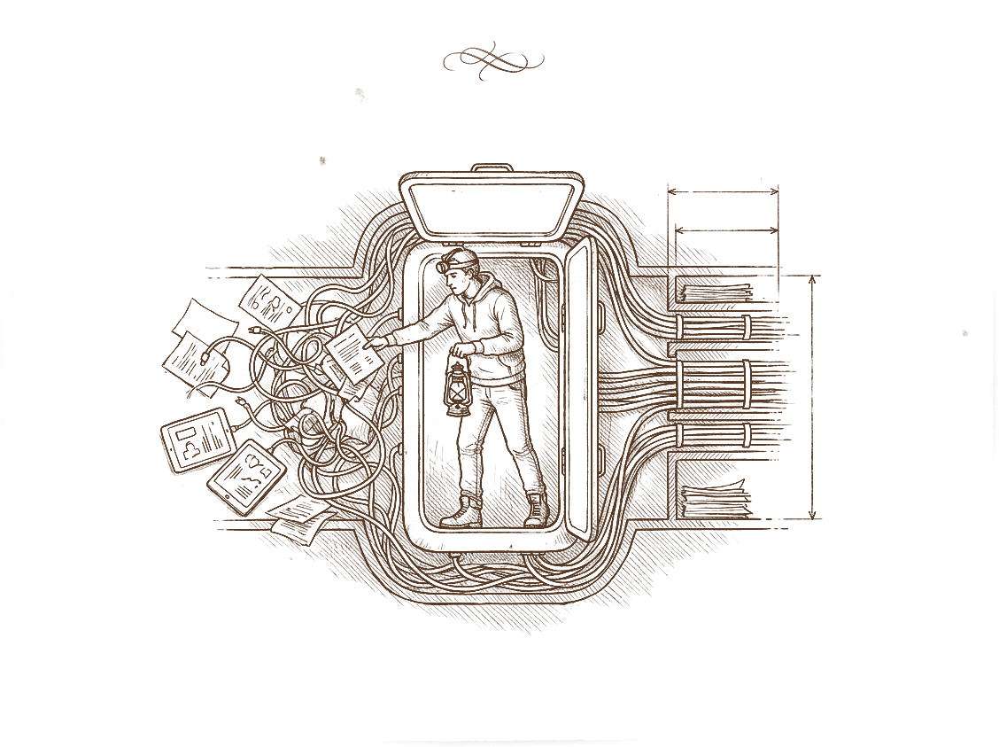 A notebook study: a person with a lantern steps through a hatch into a machine. On one side cables, papers and screens are tangled; behind the person the same cables run in neat straight bundles.