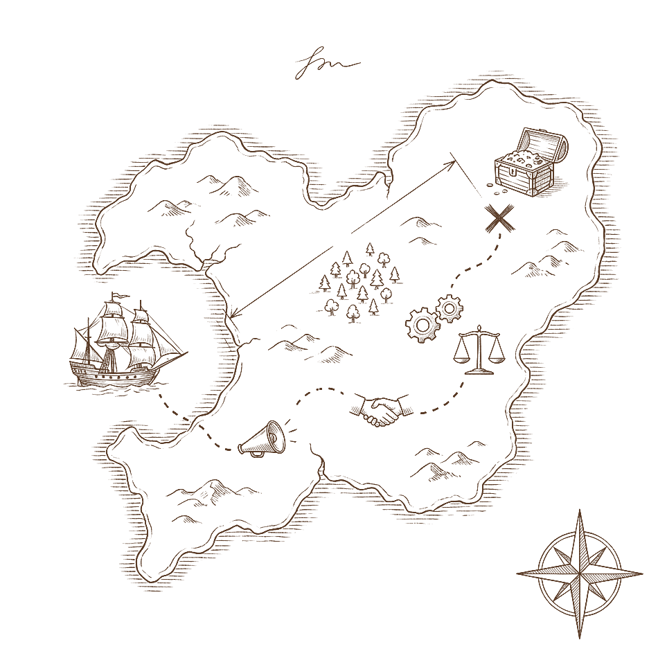 A treasure map in a notebook study: a dotted path runs from ships in a harbour past a megaphone, a handshake, gears and a balance to a chest of coins marked X.