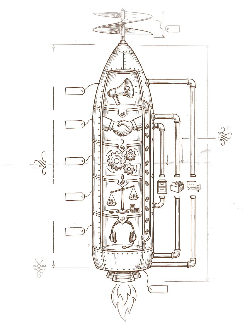 A notebook study of a tall ship crowned by Leonardo's aerial screw. Inside, the business funnel runs top to bottom: marketing, sales, operations, finance, support, with ERP, CRM and messaging along the side, feeding the engine that lifts it.