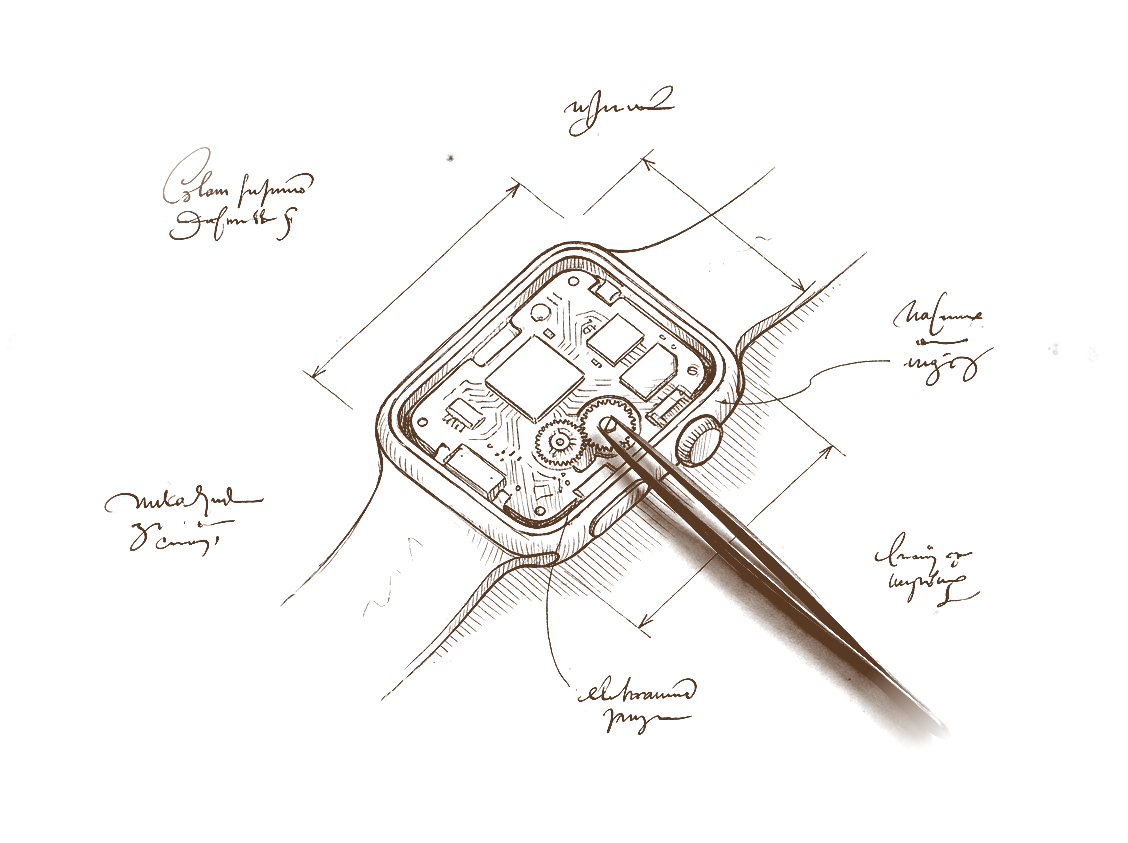 A notebook study of a smartwatch opened on the bench, a hand with tweezers adjusting one small part among gears and a circuit board.